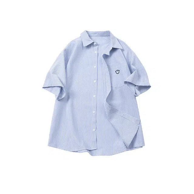欧路得 潮牌宽松翻领条纹休闲短袖衬衫 男款