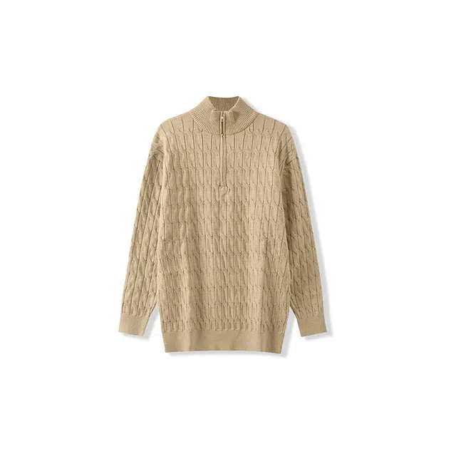 我是大卫 纯色半开拉链设计半高领套头麻花纹长袖针织衫 男女同款 杏色