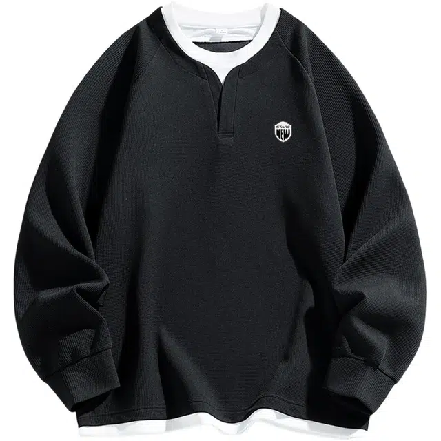 星际者 学院风复古重磅撞色假两件潮牌华夫格立体贴标宽松休闲柔软亲肤套头卫衣 男女同款