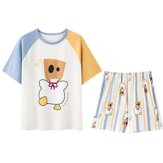 向薇 薄款舒适透气卡通短袖可外穿居家服睡衣套装 女款 图片色