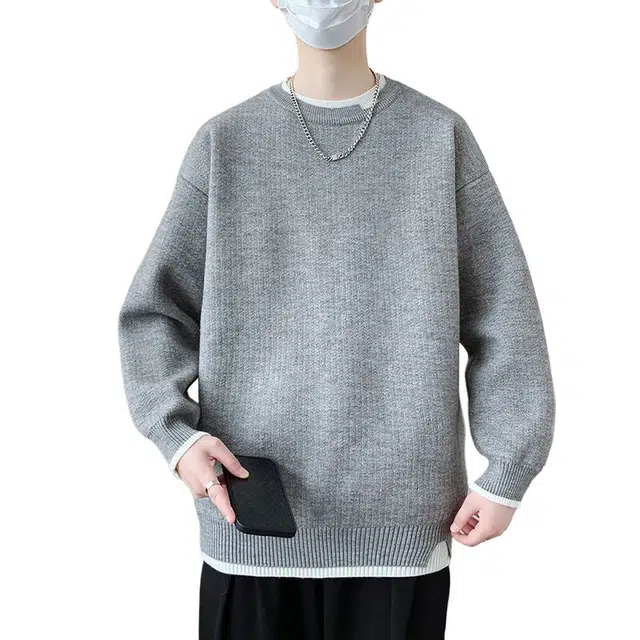 【dme】 潮牌宽松休闲纯色针织打底衫假两件圆领毛衣 男款