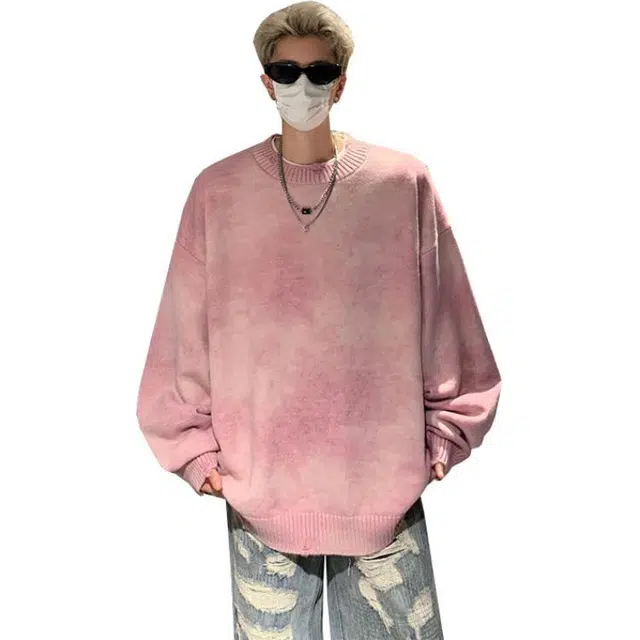 雅鹿 加厚保暖舒适亲肤潮牌渐变扎染简约圆领慵懒风落肩宽松休闲百搭长袖毛衣 男女同款
