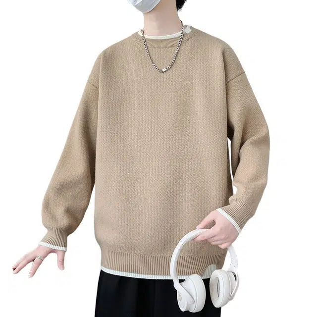 【dme】 潮牌宽松休闲纯色针织打底衫假两件圆领毛衣 男款