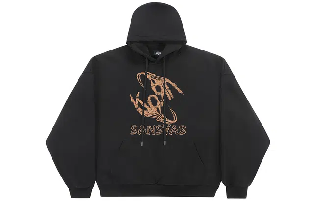 木村三社 美式街头风骨戒印花宽松连帽卫衣 男女同款 黑色