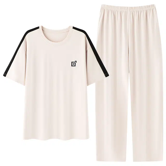 贴身领域 圆领甜美舒适透气可外穿柔软简约亲肤短袖长裤睡衣套装 女款