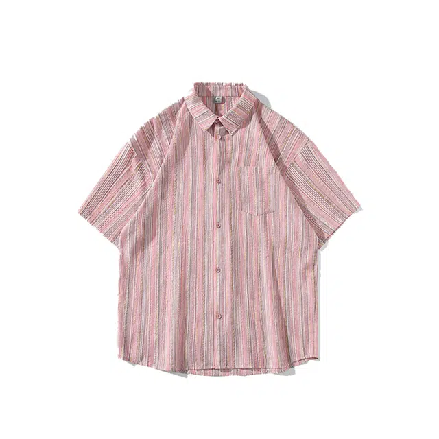 欧路得 美式纹复古潮牌翻领短袖衬衫 男款 粉色