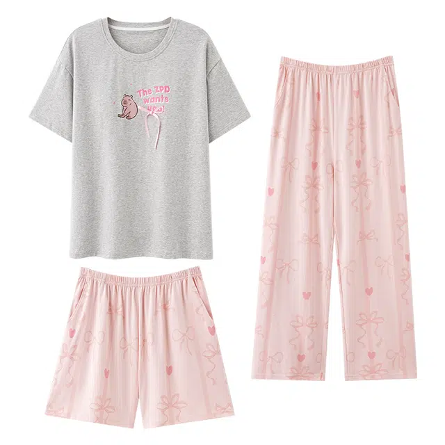 俞兆林 带胸垫可爱时尚卡通圆领舒适透气家居服可外穿睡衣套装 女款 灰色