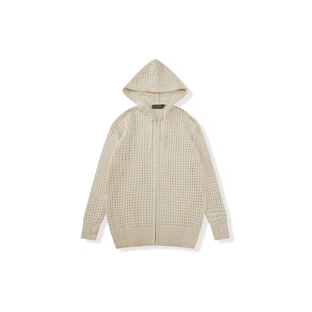 我是大卫 高级感慵懒风宽松镂空连帽长袖针织衫 男款 杏色