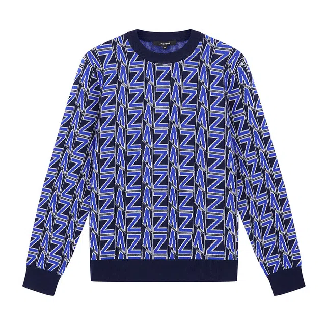 安正 撞色字母满印圆领毛衣 男款 花纹宝蓝