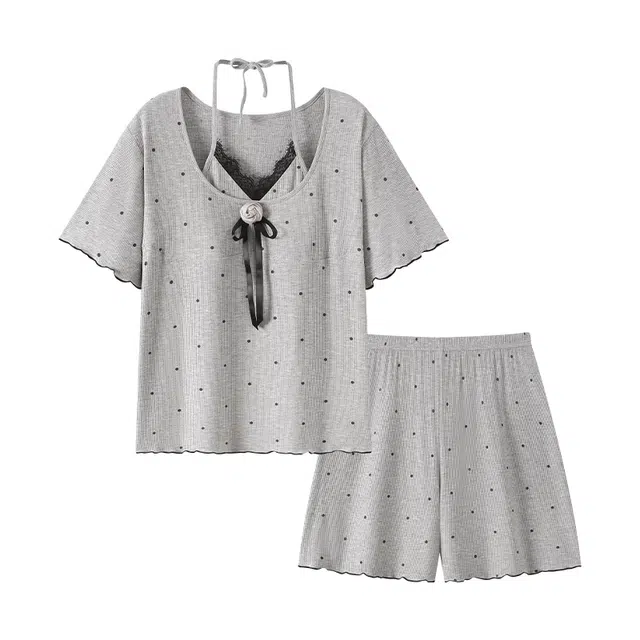 欧诗帛 韩版凉感可外穿舒适短袖三分裤睡衣套装 女款 图片色
