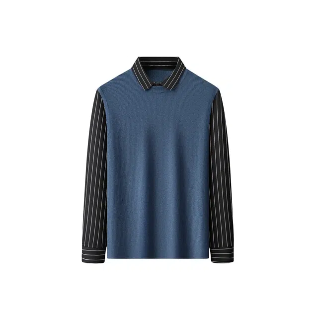 富铤 简约复古时尚气质假两件显瘦条纹翻领亲肤舒适休闲长袖针织衫 男款