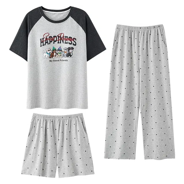 俞兆林 带胸垫可爱小狗卡通亲肤柔软短袖可外穿家居服睡衣套装 女款 灰色