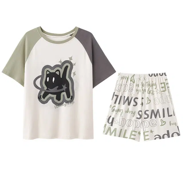 向薇 休闲短袖套头圆领可外穿居家服睡衣套装 女款 图片色