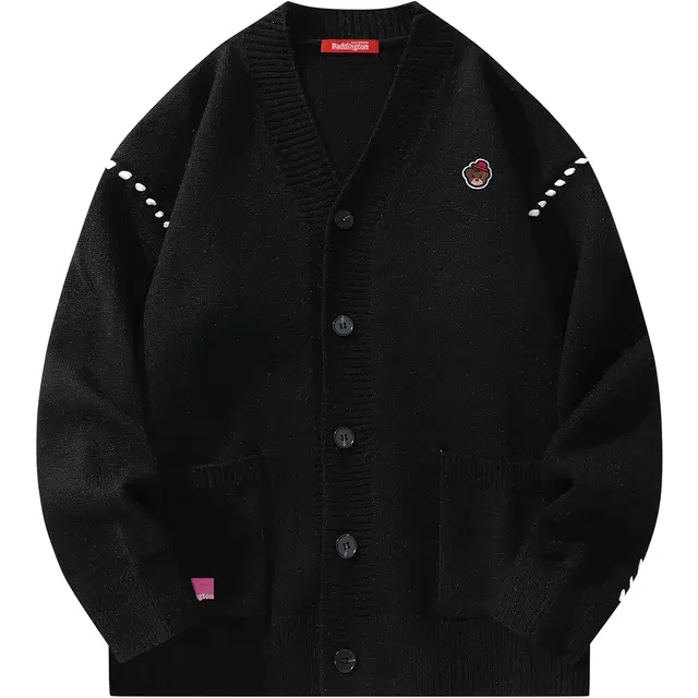 帕丁顿熊 简约小熊刺绣胸针手工穿线纯色宽松百搭休闲长袖保暖加厚开衫针织衫 男女同款