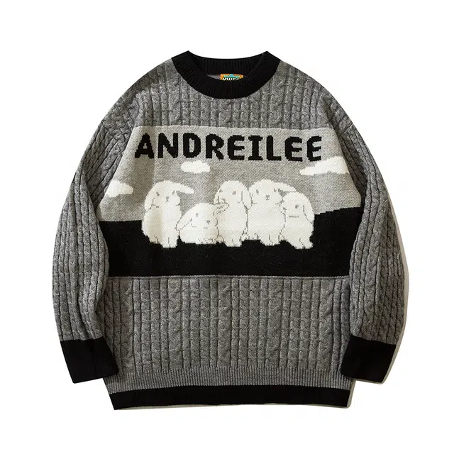 奇迹街区 日系复古潮牌兔子拼色针织衫 男女同款