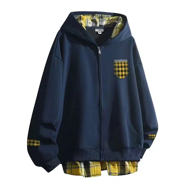 快鱼 美式复古高街哥特字母格子印花简约假两件拼接撞色学院风宽松休闲加厚日常舒适百搭长袖开衫连帽卫衣 男女同款