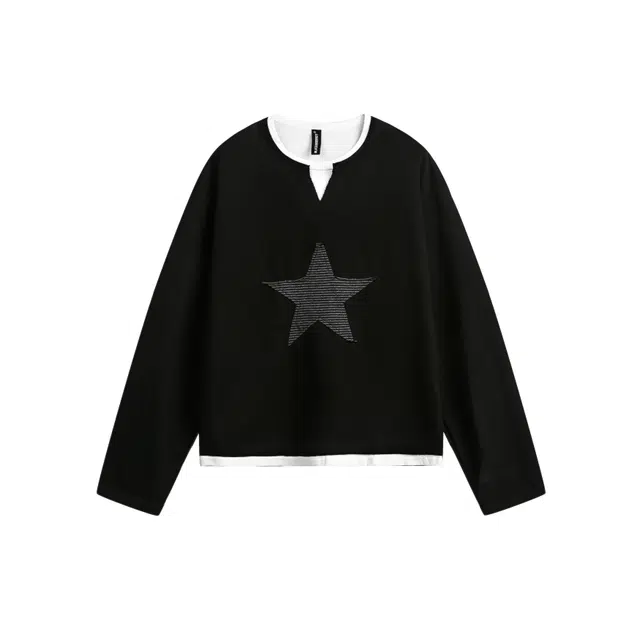 大白鲨 美式复古星星贴布设计假两件百搭长袖卫衣 男女同款 黑色