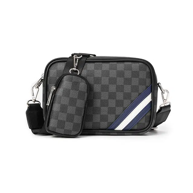 老人头 时尚通勤经典百搭格子潮流个性 合成革 单肩包 常规 男款 黑色