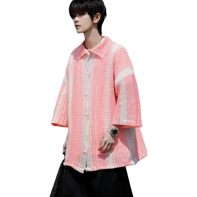 颂希尔 条纹舒适时尚短袖衬衫 男女同款