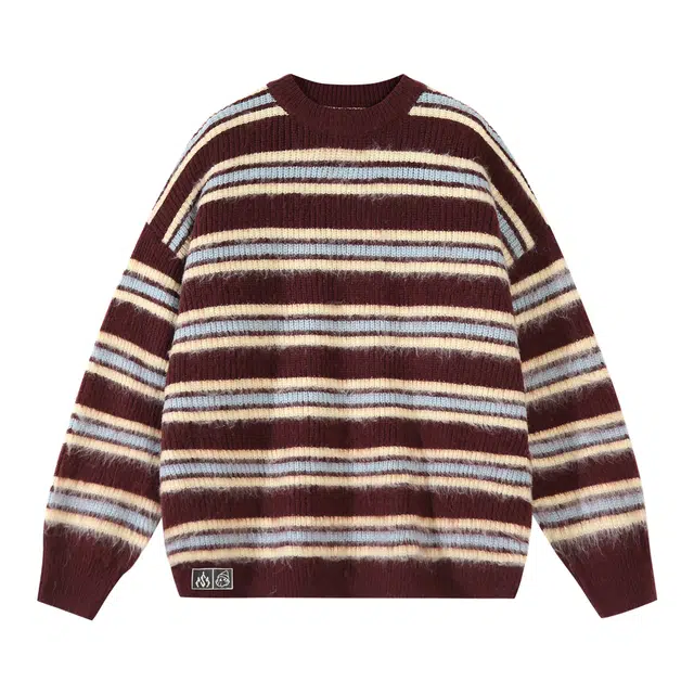 星际者 基础款条纹撞色保暖宽松休闲圆领套头长袖针织衫 男女同款