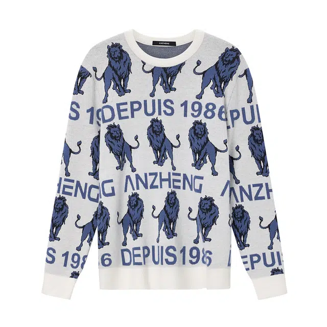 安正 狮子主题圆领长袖针织毛衣 男款 花本白