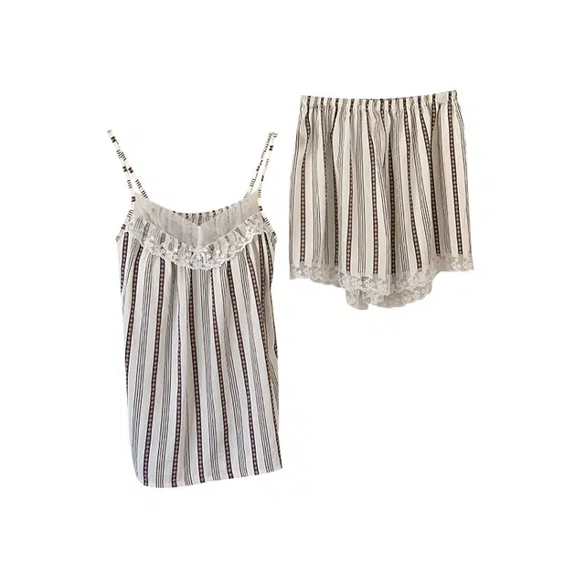 欧诗帛 带胸垫韩版条纹无袖三分裤睡衣套装 女款 图片色