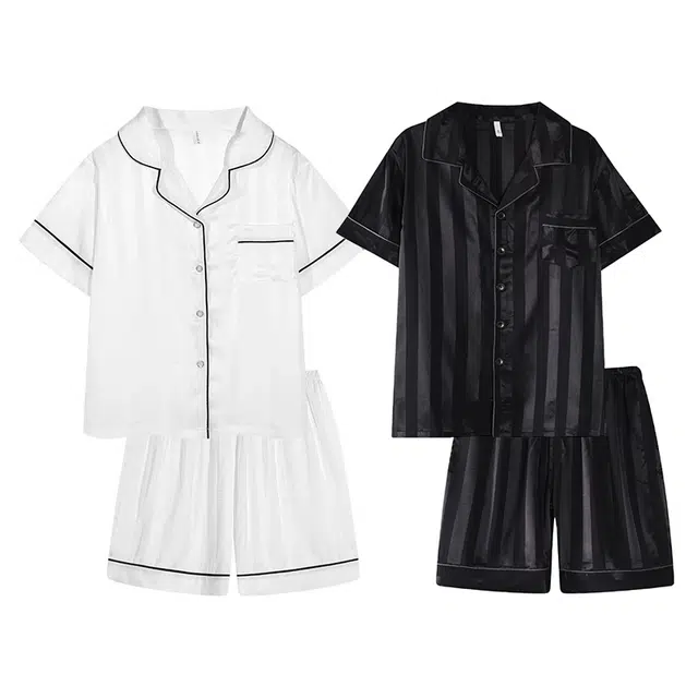 俏韵 透气条纹高级感休闲短袖家居服外穿睡衣套装 男女同款