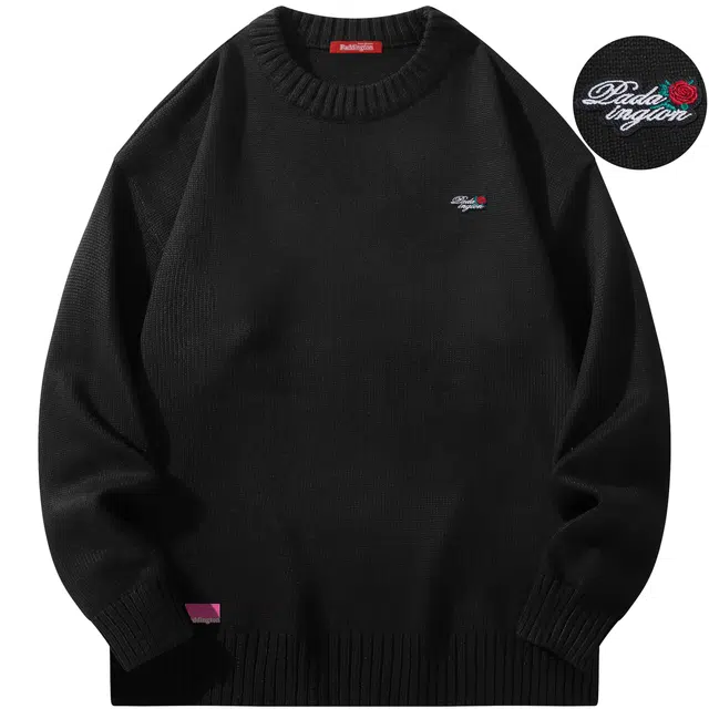 帕丁顿熊 基础款玫瑰花刺绣胸针纯色休闲百搭打底毛衣宽松加厚保暖针织衫 男女同款