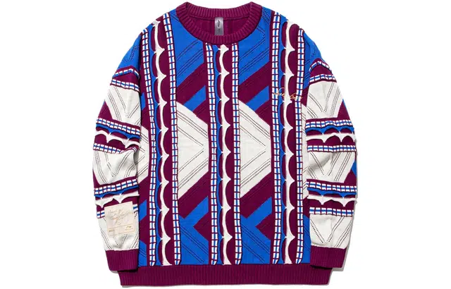 中国李宁 条纹满印圆领宽松套头长袖针织衫 男款 药水紫晶蓝色米白色