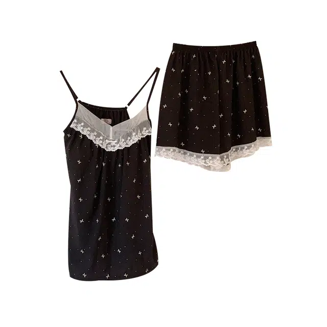 欧诗帛 带胸垫韩版可外穿休闲无袖三分裤睡衣套装 女款 图片色