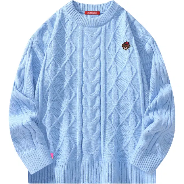 帕丁顿熊 简约小熊刺绣胸针纯色宽松百搭麻花棱形格保暖休闲长袖加厚针织衫 男女同款