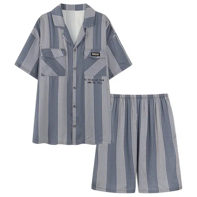 俏霓桐 时尚条纹高级感简约休闲舒适凉感家居服可外穿睡衣套装 男款 图色