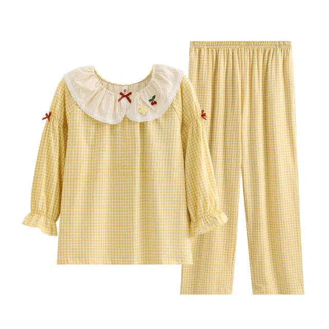 芬腾 圆领舒适可爱长袖长裤睡衣套装 女款 黄格