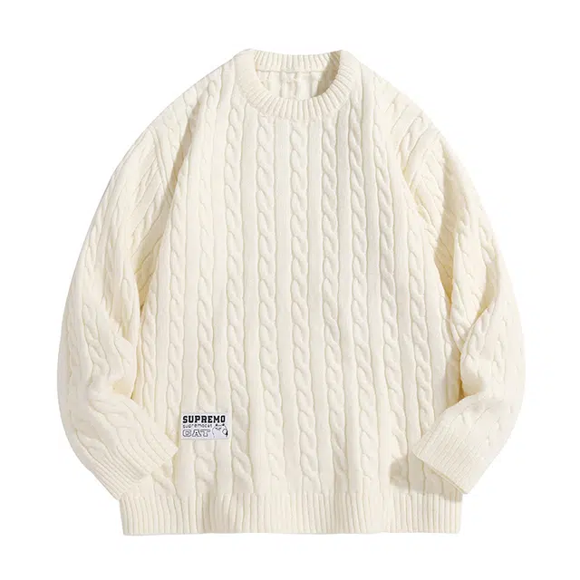 吾皇猫 软糯基础纯色麻花条纹休闲宽松加厚毛衣内搭保暖圆领落肩长袖针织衫 男女同款