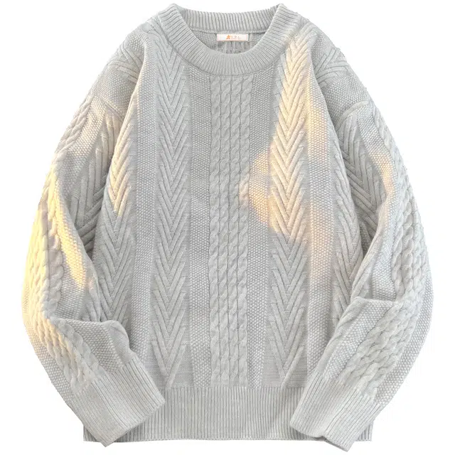 稻草人 美式高街圆领麻花条纹简约纯色打底衫宽松百搭慵懒风居家休闲厚款保暖针织衫 男女同款