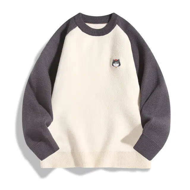 吾皇猫 宽松休闲圆领潮流百搭打底毛衣插肩长袖学院风针织衫 男女同款