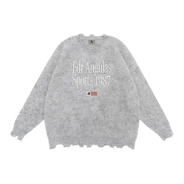 FDR Letter Print Distressed Sweater