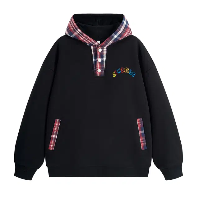 金贝勒 美式复古条纹格子涂鸦手绘印花休闲宽松连帽卫衣 男女同款