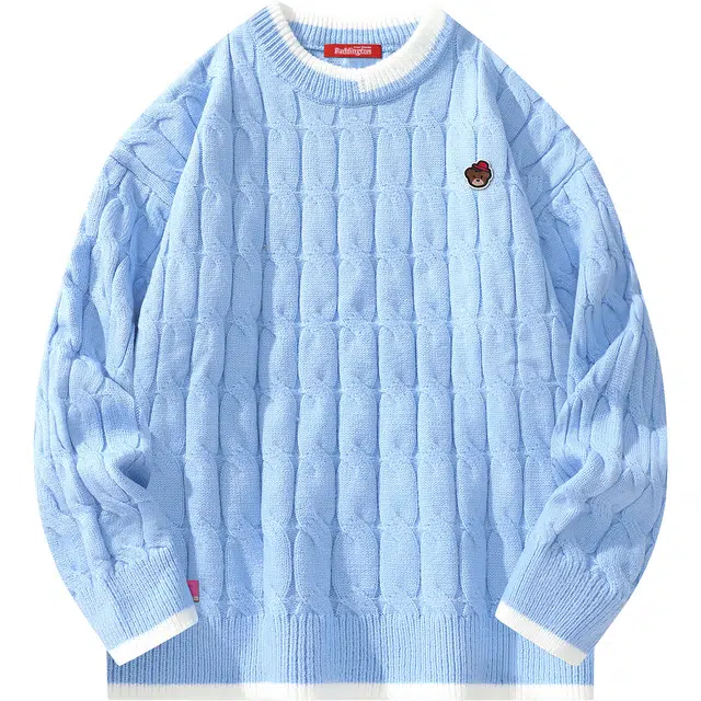 帕丁顿熊 假两件简约小熊刺绣胸针宽松百搭保暖休闲长袖加厚针织衫 男女同款