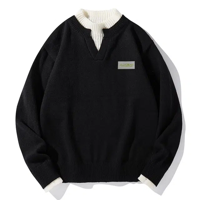 爱肯 美式高街字母上衣宽松休闲假两件垂感圆领套头学院风长袖针织衫 男女同款