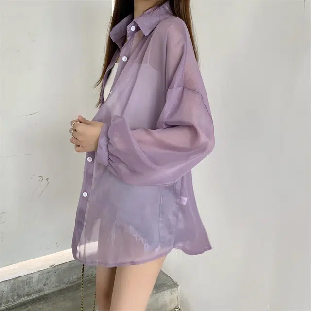 依钗 韩系纯色翻领前短后长轻薄宽松中长款多样袖长款式衬衫 女款