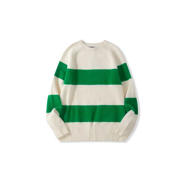我是大卫 日系条纹套头宽松慵懒感长袖针织衫 男女同款 绿色