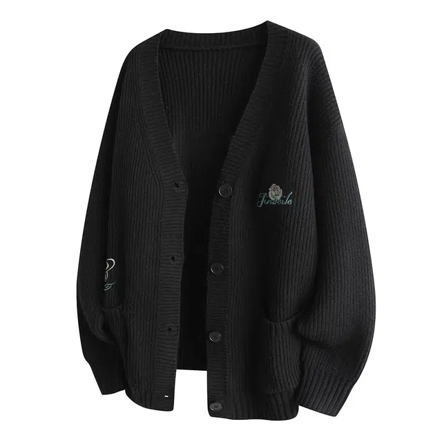 金贝勒 美式复古高街基础款简约纯色手绘玫瑰字母刺绣宽松休闲百搭时尚慵懒开衫针织衫 男女同款