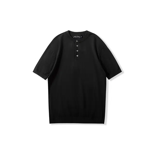 我是大卫 纯色亨利领慵懒韩系短袖针织衫 男女同款