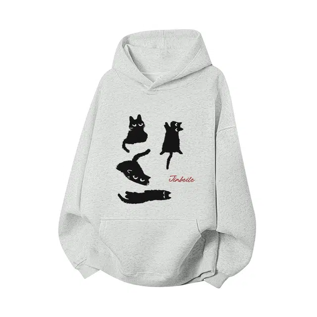 金贝勒 趣味猫咪字母印花连帽宽松落肩套头长袖卫衣 男女同款 白花灰色