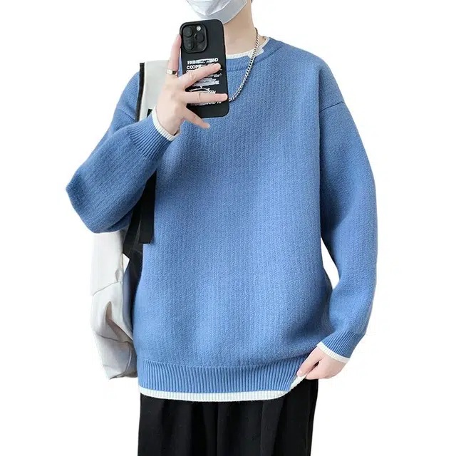 【dme】 潮牌宽松休闲纯色针织打底衫假两件圆领毛衣 男款