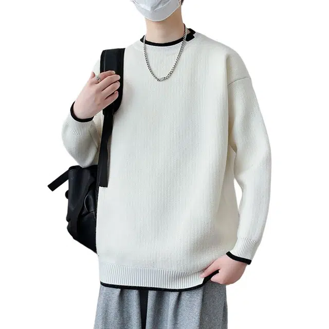 【dme】 潮牌宽松休闲纯色针织打底衫假两件圆领毛衣 男款
