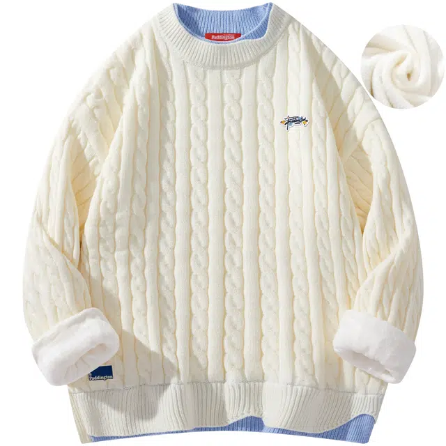 帕丁顿熊 基础款可拆卸字母胸针假两件撞色拼接百搭打底麻花宽松毛衣加绒保暖加厚针织衫 男女同款