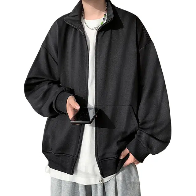 玉儿恋 时尚宽松舒适纯色简约基础设计双拉链开衫立领卫衣 男女同款