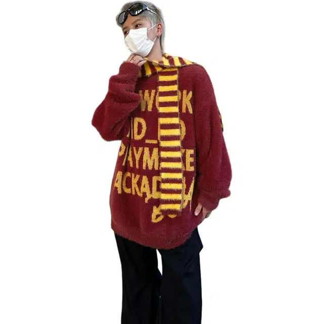 极限涡轮 美式复古学院风围巾软糯马海毛字母厚款宽松慵懒风打底长袖舒适针织衫 男女同款